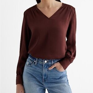 Express Satin V-Neck Smocked Shoulder brown Top Sz L